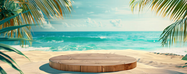 Summer product display. Empty wooden podium on a beach with palm leaves and a clear view of the sea and sky in a tranquil tropical setting.