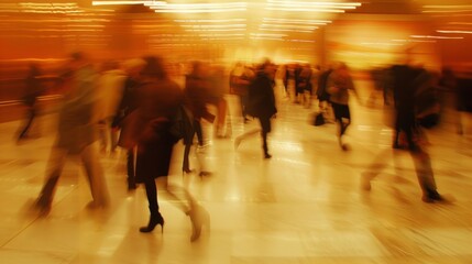 Motion blur of busy commuters at rush hour in an underground station, creating an urban flow.