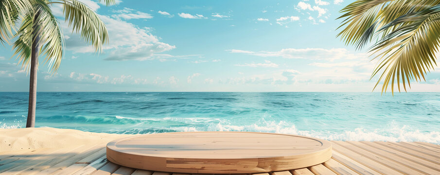 Summer product display, an empty wooden podium rests on the shoreline, amidst swaying palm branches, providing a serene view of the tranquil ocean and sky.
