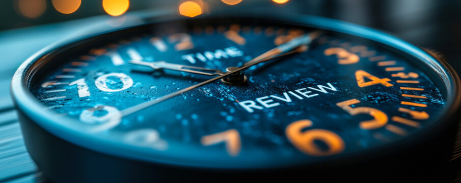 Conceptual clock with TIME FOR REVIEW phrase, illustrating urgency and importance of reviewing, evaluating, and reflecting on work or life