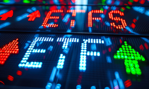 Digital screen showcasing ETFs (Exchange Traded Funds) performance with dynamic green arrows indicating growth in the stock market