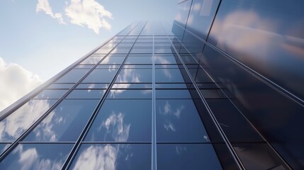 High rise building with dark steel window system and cloud reflections on the glass. Business concept of future architecture. 3d rendering. - obrazy, fototapety, plakaty