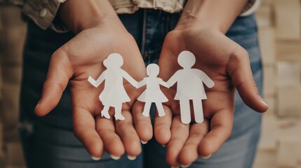 Cutout of hands holding a family, foster care, autism support, budgeting costs of living, and inflation. - obrazy, fototapety, plakaty