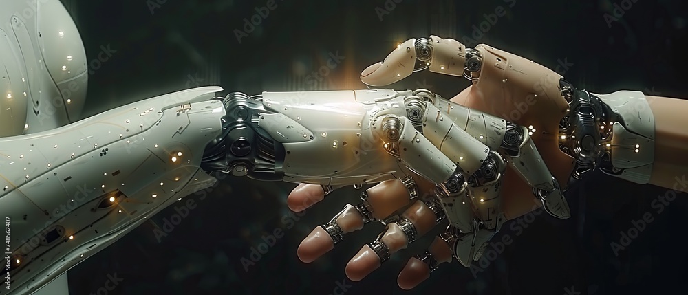 Fototapete Robot and human hand with flash light and virtual screen projection on black background - artificial intelligence, futuristic technology and business concept.