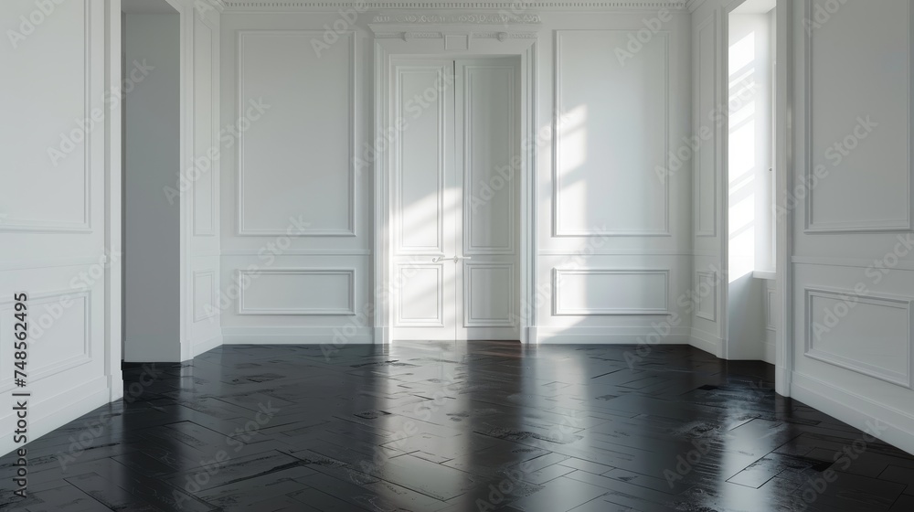 Poster this perspective shows a white empty room with a dark laminate floor, showing a classic interior sty