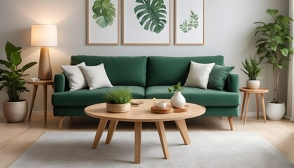 spacious living room interior featuring a cozy green couch complemented by a wooden table, creating a harmonious balance between natural elements and modern comfort. 
