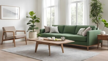 spacious living room interior featuring a cozy green couch complemented by a wooden table, creating a harmonious balance between natural elements and modern comfort. 