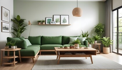 spacious living room interior featuring a cozy green couch complemented by a wooden table, creating a harmonious balance between natural elements and modern comfort. 