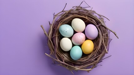 Pastel-Colored Easter Eggs In A Nest On A Purple Background With Copyspace.Generative AI