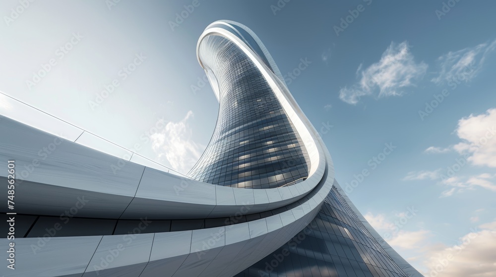 Aufkleber an aerial view of futuristic architecture, a skyscraper with curve-shaped glass windows, a 3d render
