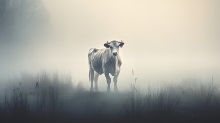 a cow standing middle of a field on a foggy day with trees backgroud. - obrazy, fototapety, plakaty