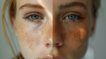 Before and after tan spray or lotion for woman's skin, half face tanned - obrazy, fototapety, plakaty