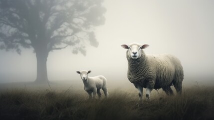 Obraz premium a couple of sheep standing next to each other on a lush green field in front of a foggy tree.