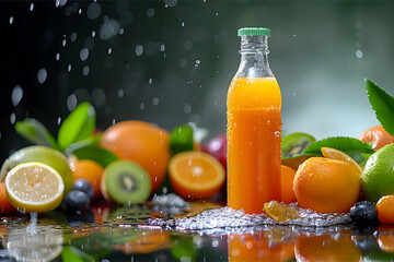 Marketing photo of Fruit juice bottle sounded with fruits 