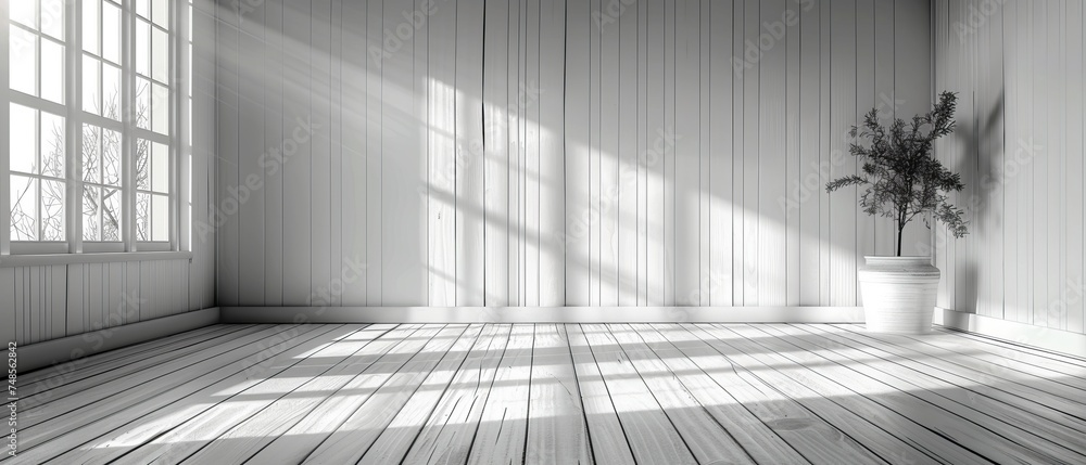 Poster this is a 3d simulation of the interior of a white room with a wood plank floor, and the sunlight ca