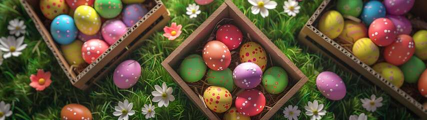 Fototapeta na wymiar Boxes and baskets full of colorful Easter eggs on green grass and spring flower surface. Top view, abstract background, horizontal, banner.