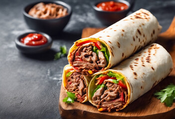 Deliziosi Rotoli di Shawarma di Manzo Grigliato- Un'Esplosione di Sapori Pronti da Gustare, Ideale per una Pausa Pranzo Veloce e Soddisfacente, su tavolo di pietra nero