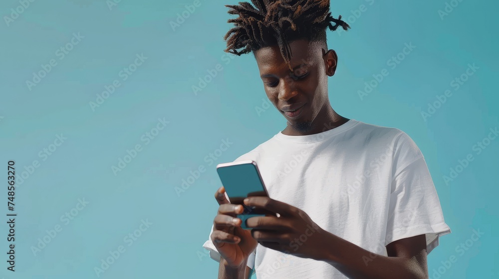 Poster an attractive young afro man stands near a large smartphone with an empty screen over a blue studio 
