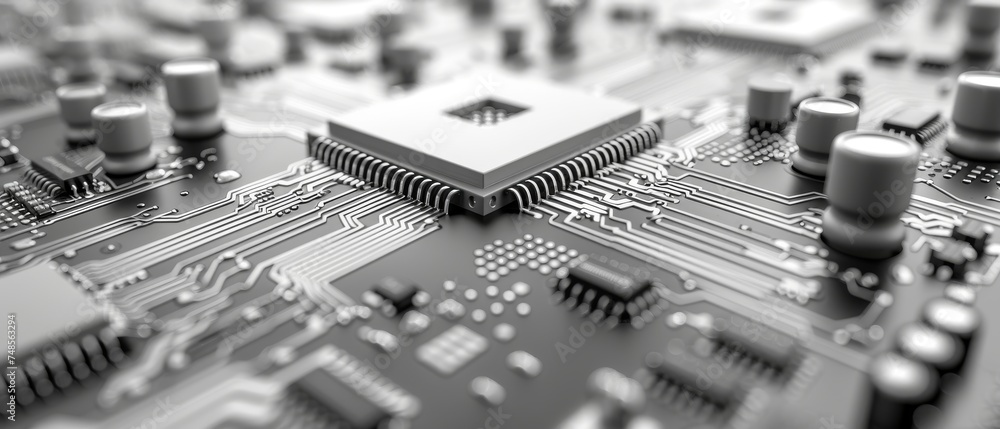 Poster Background of printed circuit board with white texture. Computer technology background with gray scale. Computer technology background with text space.