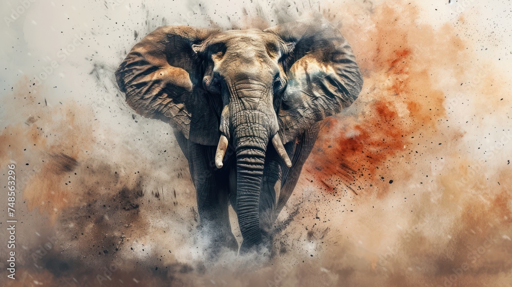 Sticker a digital painting of an elephant in the midst of a cloud of dust and dirt, with a sky background.