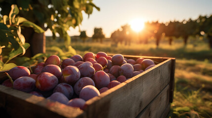 Plums harvested in a wooden box in an orchard with sunset. Natural organic fruit abundance. Agriculture, healthy and natural food concept. Horizontal composition.