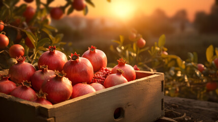 Pomegranates harvested in a wooden box in a plantation with sunset. Natural organic fruit abundance. Agriculture, healthy and natural food concept. - obrazy, fototapety, plakaty