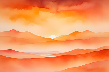 watercolor drawing in orange colors, sunset in the mountains, sun, desert, red sky, horizon, landscape