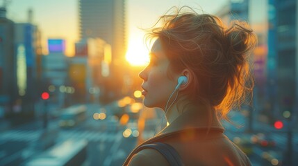 In this photo, we have intentionally used the grain of 35mm film to create the effect of a woman listening to music with earphones while commuting in the morning. This is a view from the back of a - obrazy, fototapety, plakaty