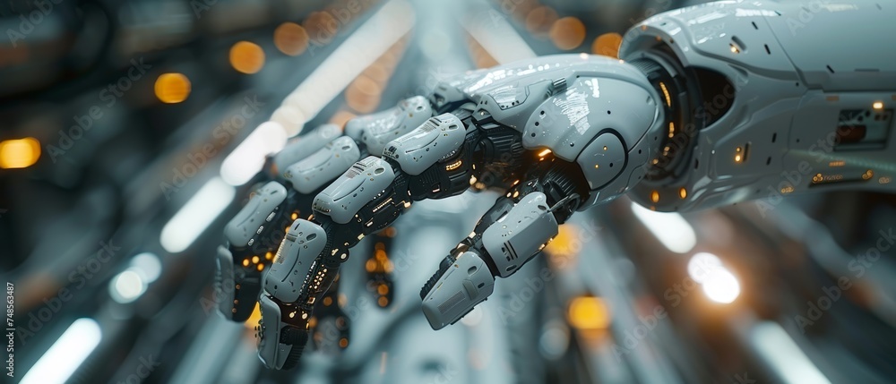 Poster Using smart industry robot arms to automate manufacturing processes for Industry 4.0 or the 4th industrial revolution and IOT software to control operations.