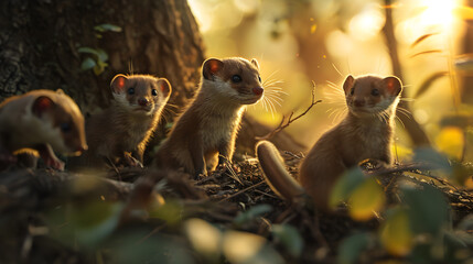 Weasel family in the forest with setting sun shining. Group of wild animals in nature.