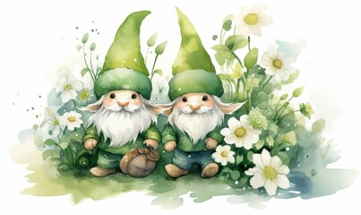 Cute Gnomes St. Patrick's Day and Flowers with Watercolor