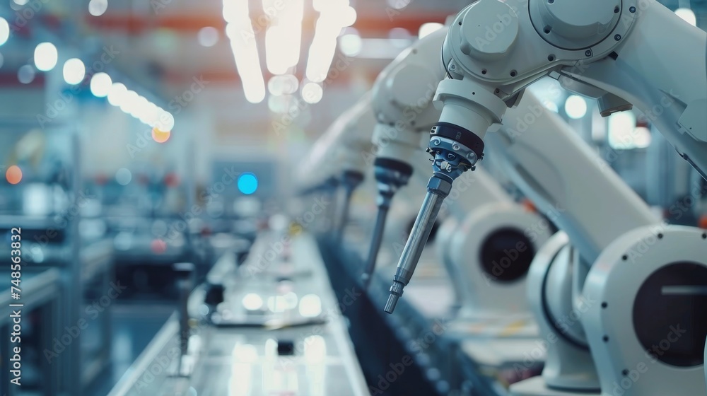 Poster Industry 4.0 or 4th industrial revolution smart robot arms with IOT software that automate production processes.