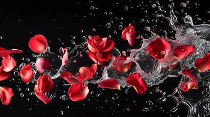 Flying rose petals water splash on black background - obrazy, fototapety, plakaty