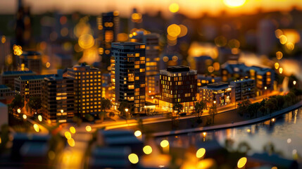 Obraz premium Miniature urban scene glowing at twilight with crisp reflections.