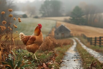 Capturing the Charm of Domestic Poultry in Nature, Exploring the Diversity of Rural Chicken Life, The Essence of Chickens and Roosters on the Farm, Poultry and Livestock Flourishing in Rural Landscape - obrazy, fototapety, plakaty