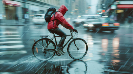 Urban cyclist braving the rain in a vibrant city's dynamic rush.