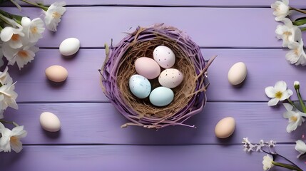 Easter Nest With Colorful Easter Eggs On A Purple Wooden Table.Generative AI