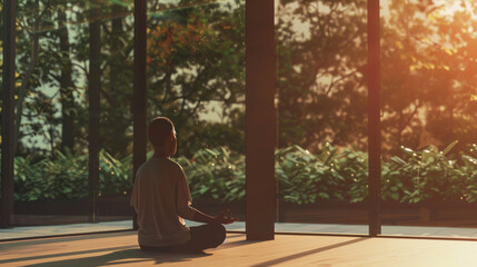 Fototapeta premium Person meditating in a serene space with calming nature backdrop.