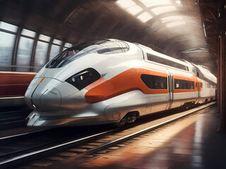 Fototapeta premium High-speed train shuttles in future cities Created With Generative Ai