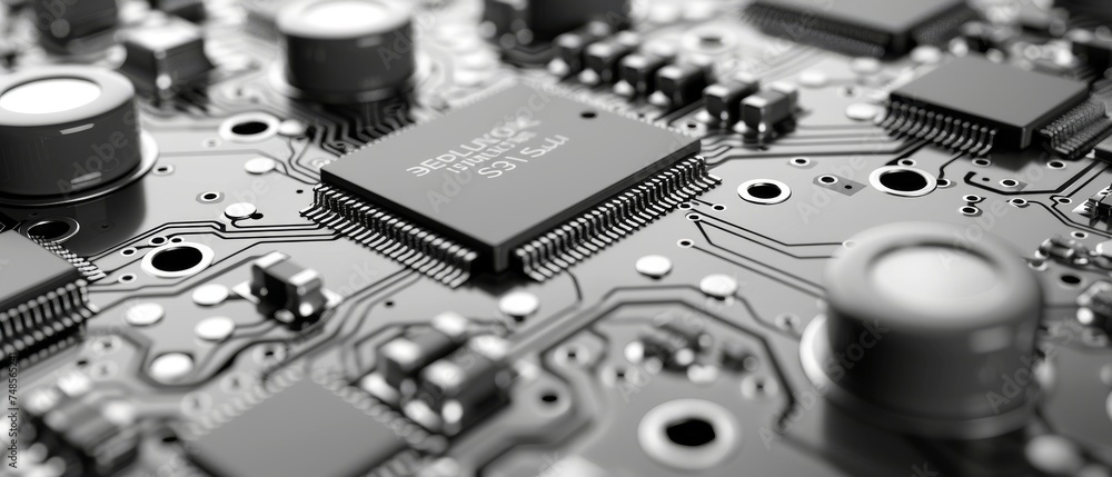 Aufkleber Background with white texture of printed circuit board. Computer background. Information technology. Space for text. Gray scale background.