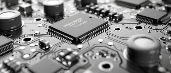 Background with white texture of printed circuit board. Computer background. Information technology. Space for text. Gray scale background.