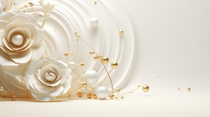 a close up of a white flower on a white background with pearls and pearls around the bottom of the flower.