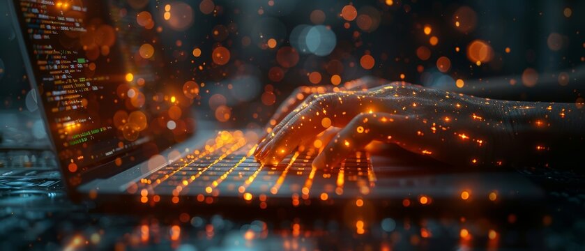 The concept of digital technology and software development. A coding programmer, software engineer working on a computer with a circuit board and javascript on a virtual screen.