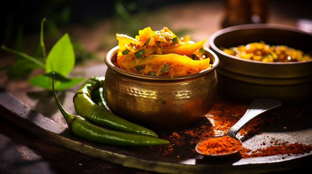 plate or bowl of freshly indian Mango Pickle with garnish