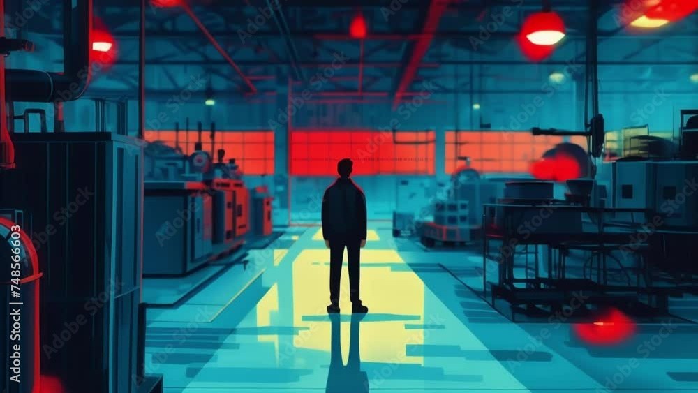 Poster an employee inspects a newly installed led lighting system in the factory which not only provides br