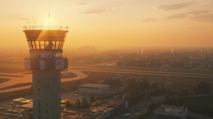 An air traffic control tower overlooks the runway at golden hour, guiding takeoffs and landings. - obrazy, fototapety, plakaty