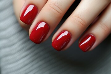 Stylish Hand red manicure nails. Natural gel. Generate Ai