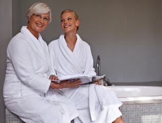 Mother, lady and smile with magazine and robe in bathroom for beauty, skincare and cosmetic...