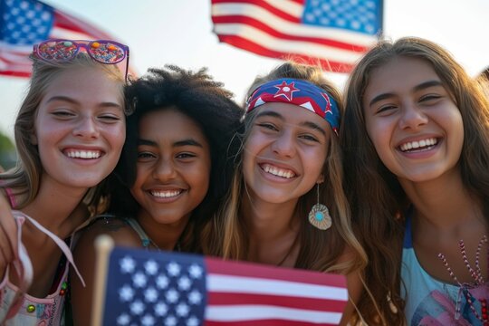 Group of happy four young multi-ethnic women holding American flag celebrating 4th of July.