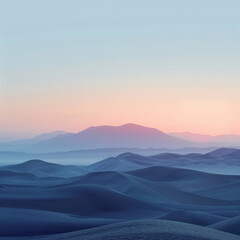 Obraz premium Sunset over tranquil desert landscape, highlighting the smooth lines of sand dunes under a soft sky